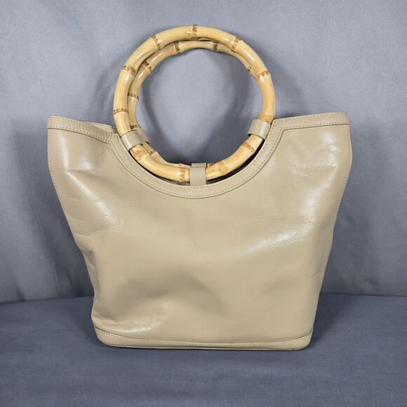 Talbots Handbags - Talbots Leather Top Handle Tote Bag Women Beige Bamboo Handles Purse Handbag